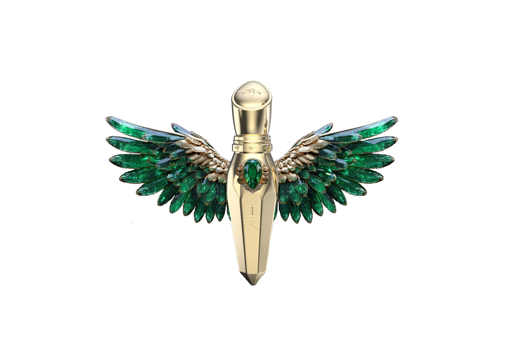 An emerald winged prestige fragrance object